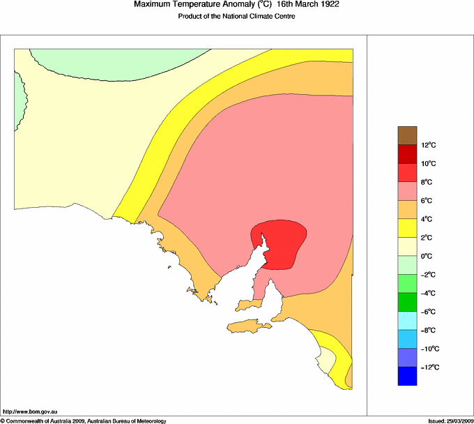 Daily maximum temperature anomaly for South Australia