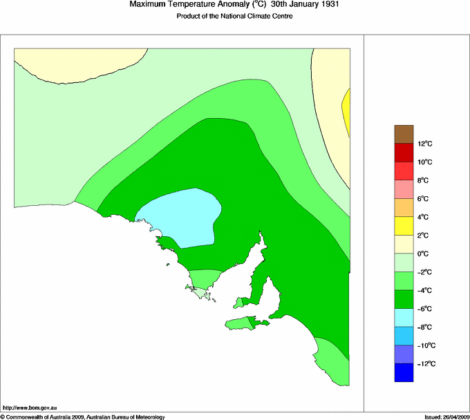 Daily maximum temperature anomaly for South Australia