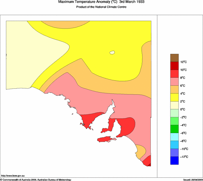 Daily maximum temperature anomaly for South Australia
