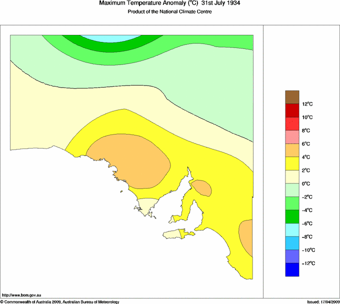 Daily maximum temperature anomaly for South Australia