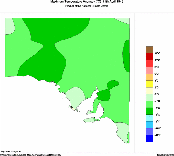 Daily maximum temperature anomaly for South Australia