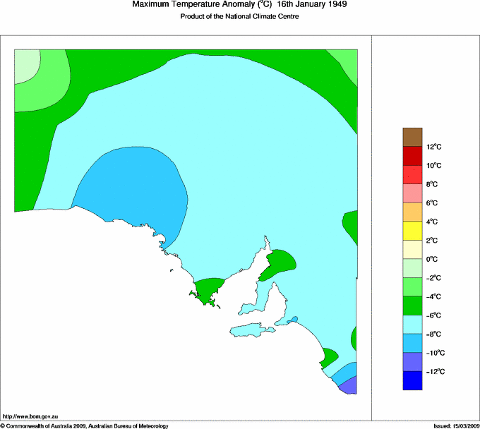 Daily maximum temperature anomaly for South Australia