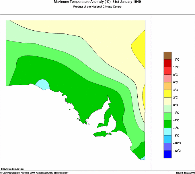 Daily maximum temperature anomaly for South Australia