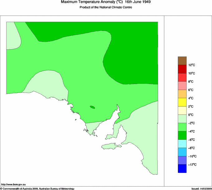 Daily maximum temperature anomaly for South Australia