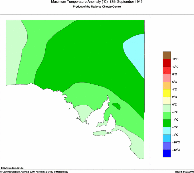 Daily maximum temperature anomaly for South Australia