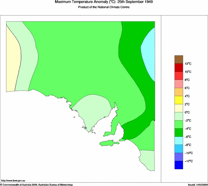 Daily maximum temperature anomaly for South Australia