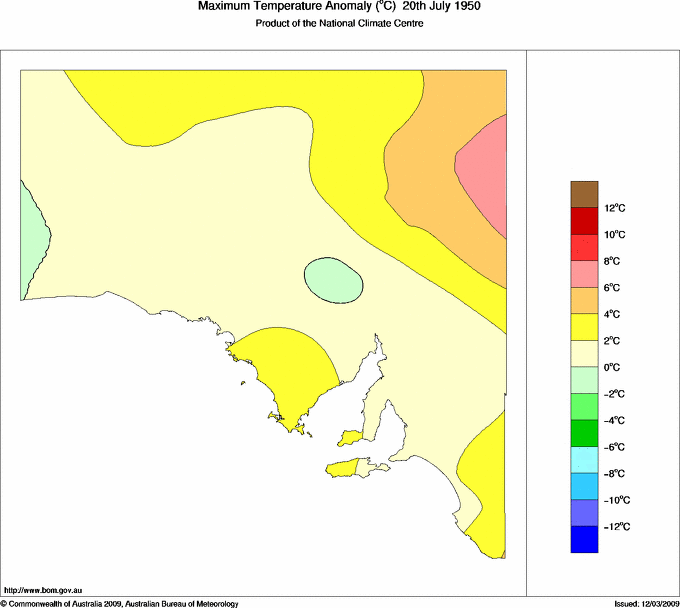 Daily maximum temperature anomaly for South Australia