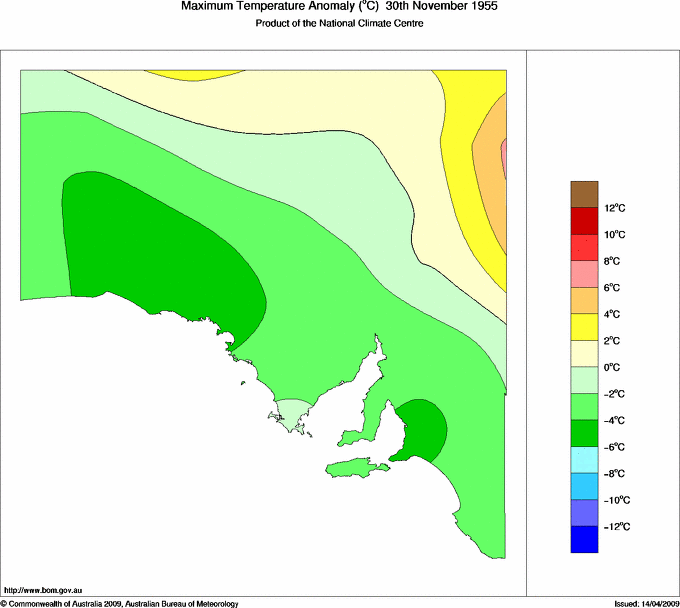 Daily maximum temperature anomaly for South Australia