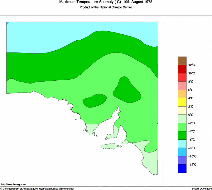 Daily maximum temperature anomaly for South Australia