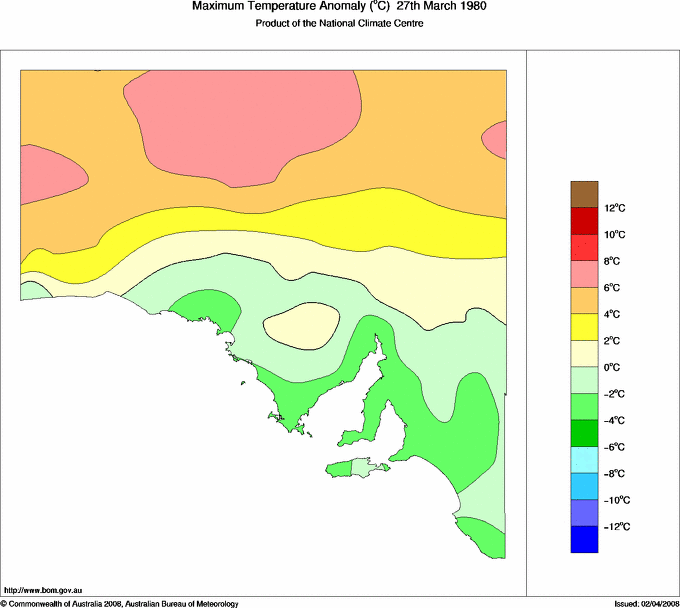 Daily maximum temperature anomaly for South Australia