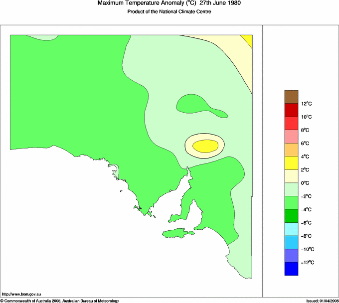 Daily maximum temperature anomaly for South Australia