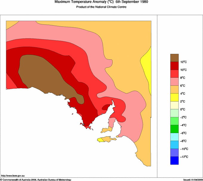 Daily maximum temperature anomaly for South Australia