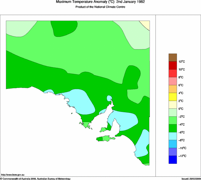 Daily maximum temperature anomaly for South Australia