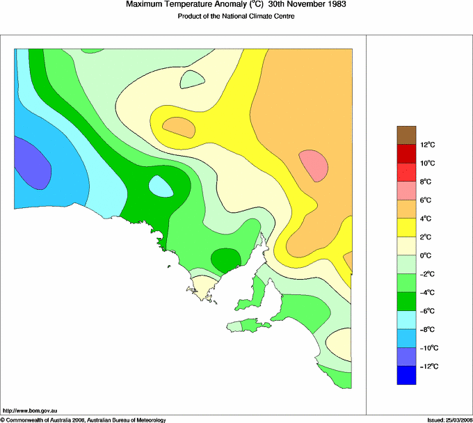 Daily maximum temperature anomaly for South Australia