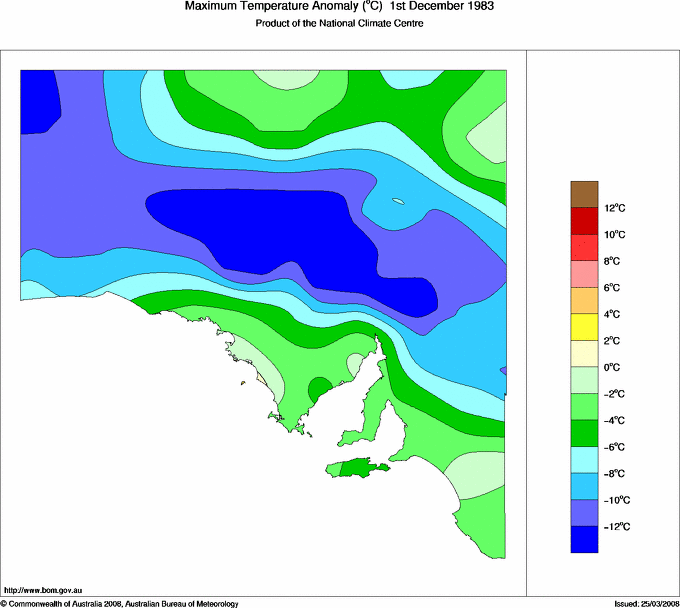 Daily maximum temperature anomaly for South Australia