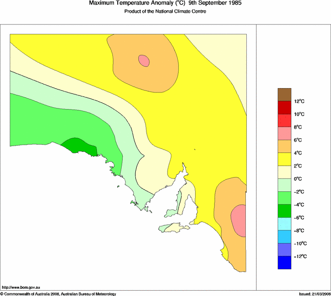 Daily maximum temperature anomaly for South Australia