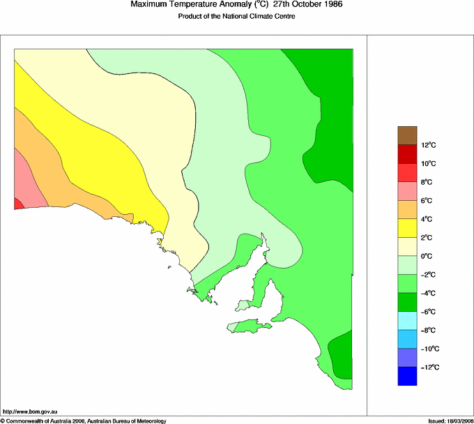 Daily maximum temperature anomaly for South Australia