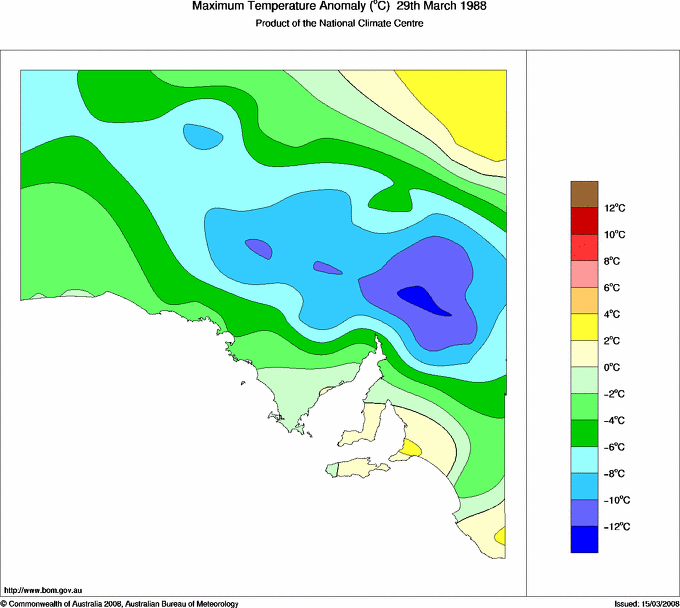Daily maximum temperature anomaly for South Australia