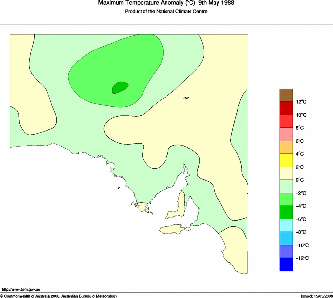 Daily maximum temperature anomaly for South Australia