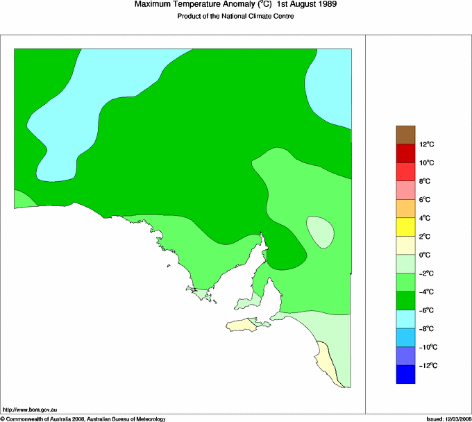 Daily maximum temperature anomaly for South Australia