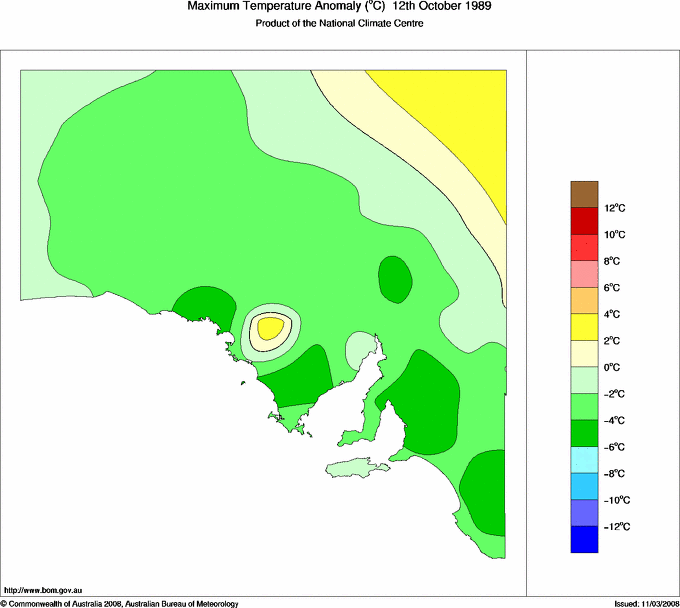 Daily maximum temperature anomaly for South Australia