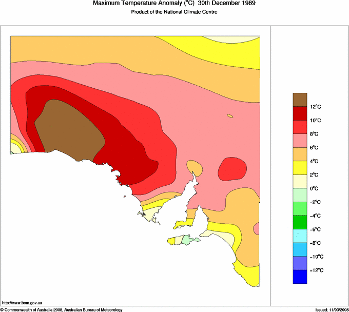 Daily maximum temperature anomaly for South Australia