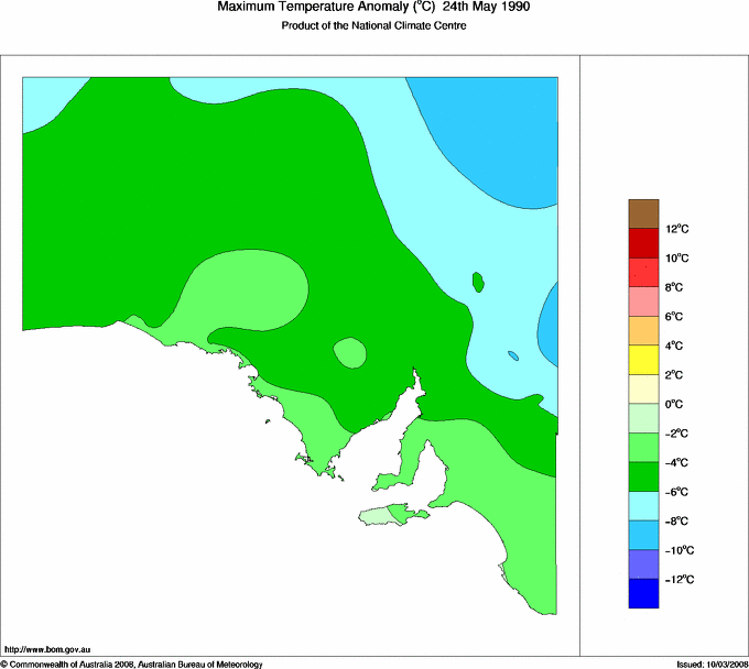Daily maximum temperature anomaly for South Australia