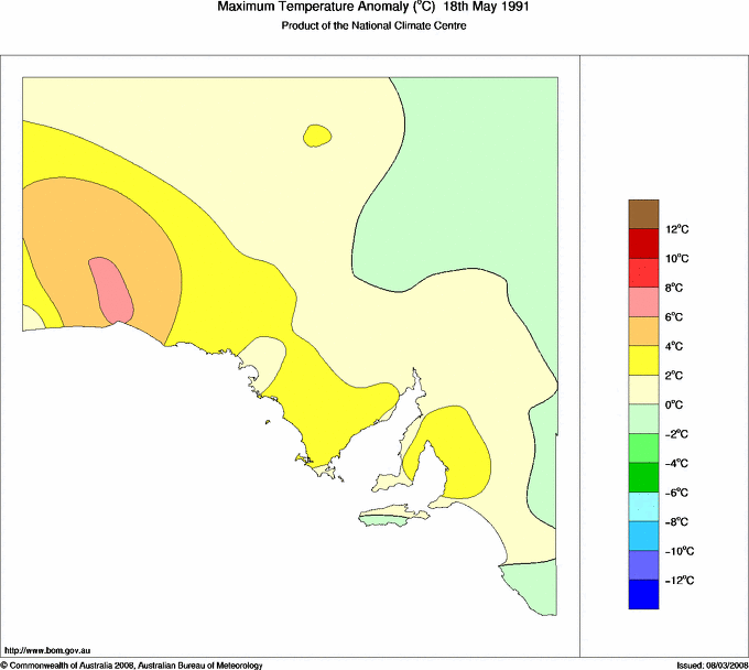 Daily maximum temperature anomaly for South Australia