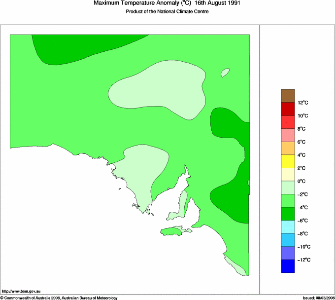 Daily maximum temperature anomaly for South Australia