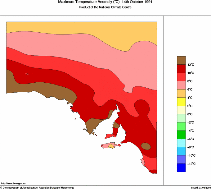 Daily maximum temperature anomaly for South Australia