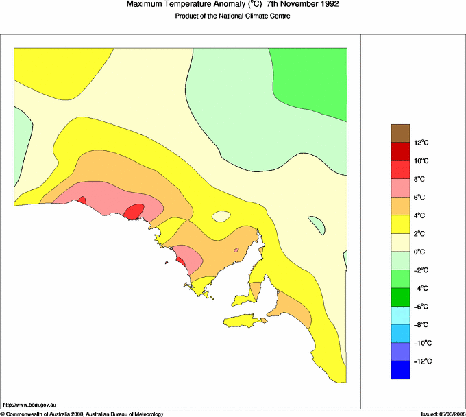 Daily maximum temperature anomaly for South Australia