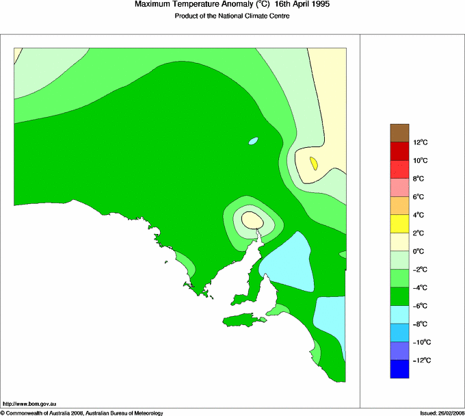 Daily maximum temperature anomaly for South Australia