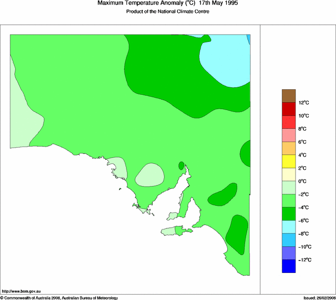 Daily maximum temperature anomaly for South Australia