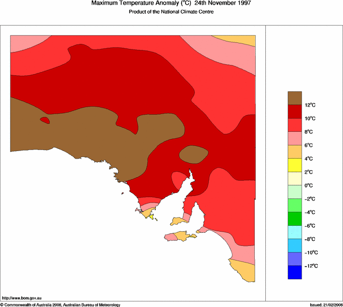 Daily maximum temperature anomaly for South Australia