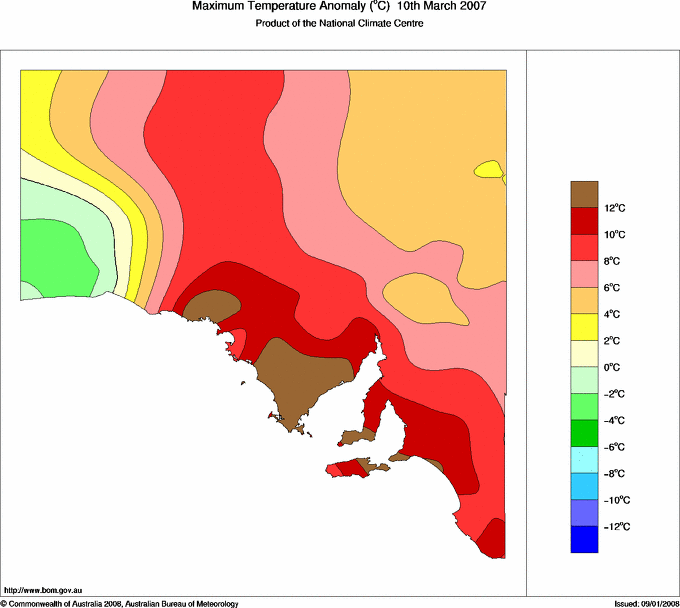 Daily maximum temperature anomaly for South Australia