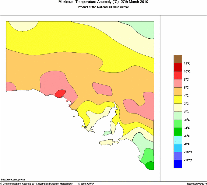 Daily maximum temperature anomaly for South Australia