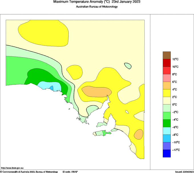 Daily maximum temperature anomaly for South Australia