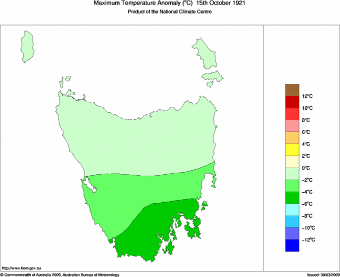 Daily maximum temperature anomaly for Tasmania