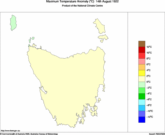 Daily maximum temperature anomaly for Tasmania