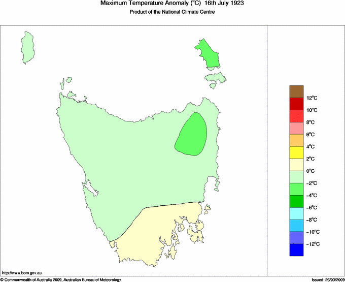 Daily maximum temperature anomaly for Tasmania