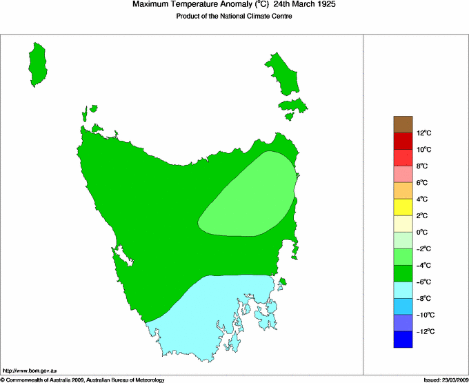 Daily maximum temperature anomaly for Tasmania