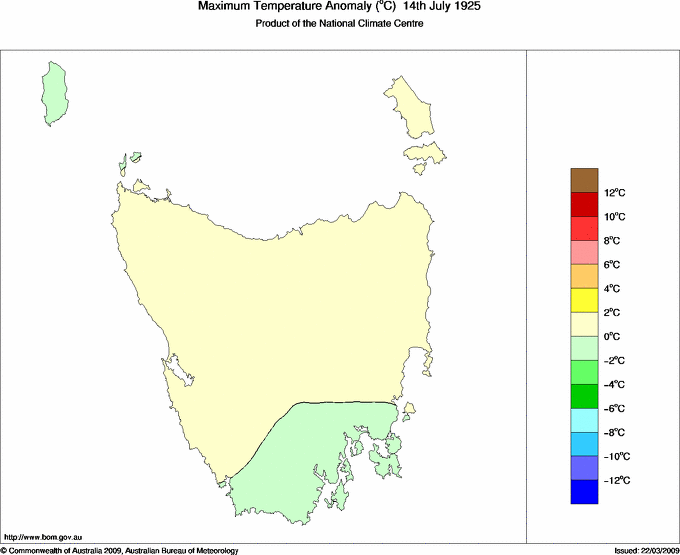 Daily maximum temperature anomaly for Tasmania