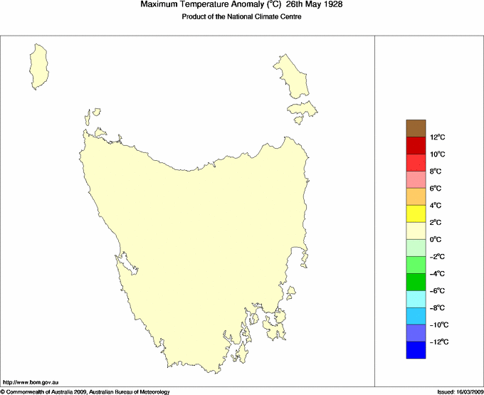 Daily maximum temperature anomaly for Tasmania
