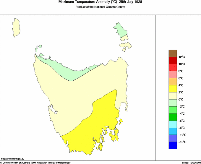 Daily maximum temperature anomaly for Tasmania