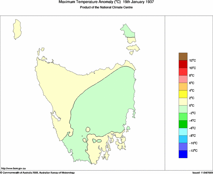 Daily maximum temperature anomaly for Tasmania