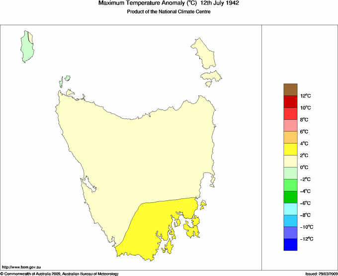 Daily maximum temperature anomaly for Tasmania