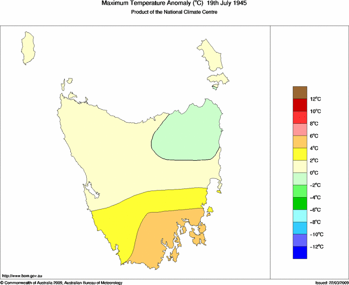 Daily maximum temperature anomaly for Tasmania