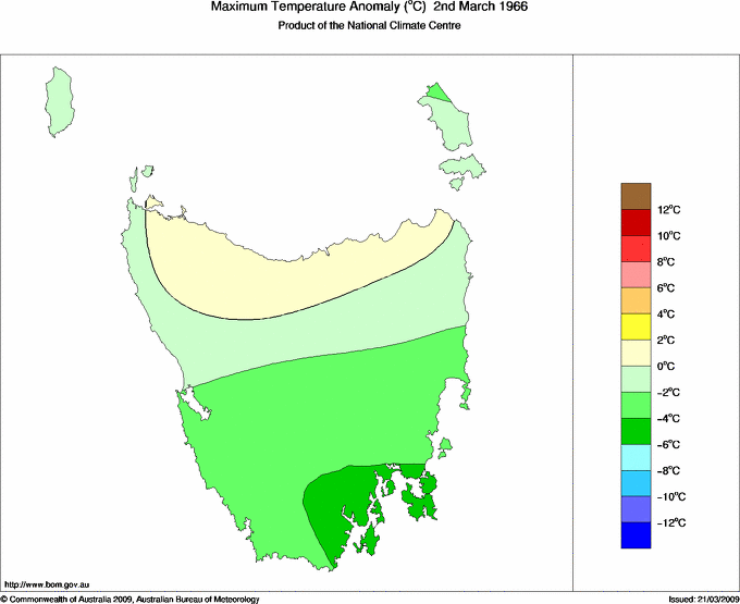 Daily maximum temperature anomaly for Tasmania