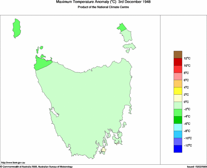 Daily maximum temperature anomaly for Tasmania