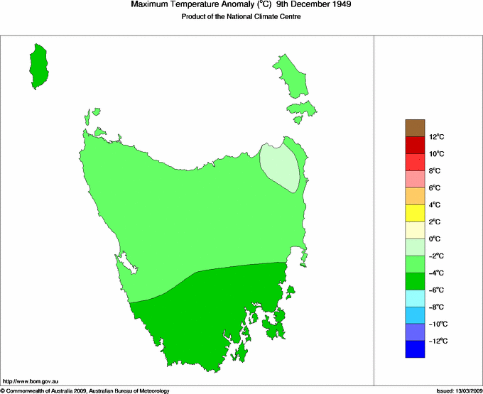 Daily maximum temperature anomaly for Tasmania